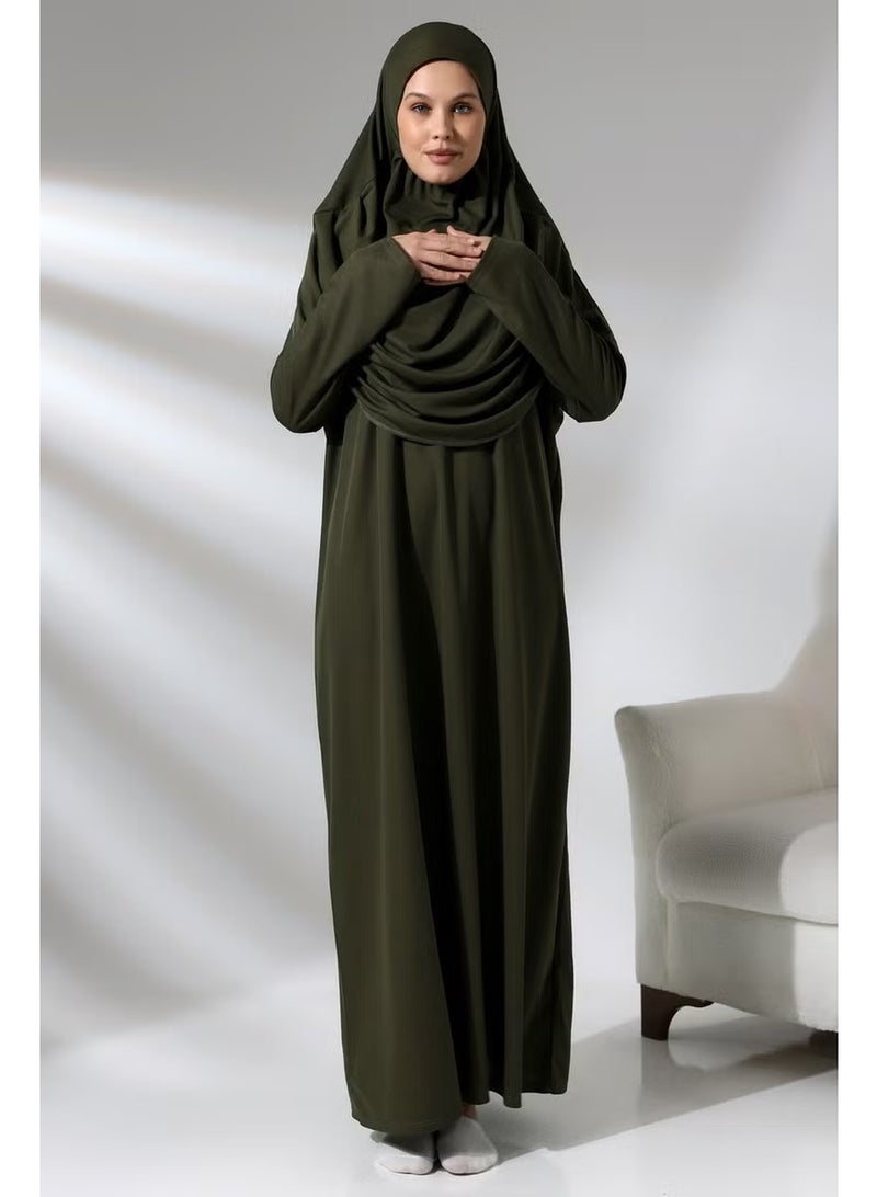 Ihvan Khaki Women's Practical Headscarf One-Piece Prayer Dress with Bag - Image 4